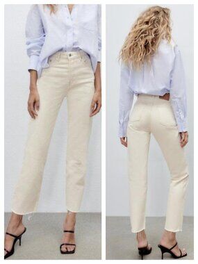 Zara Ecru Cream High Rise Straight Raw Hem Cut Off Jeans